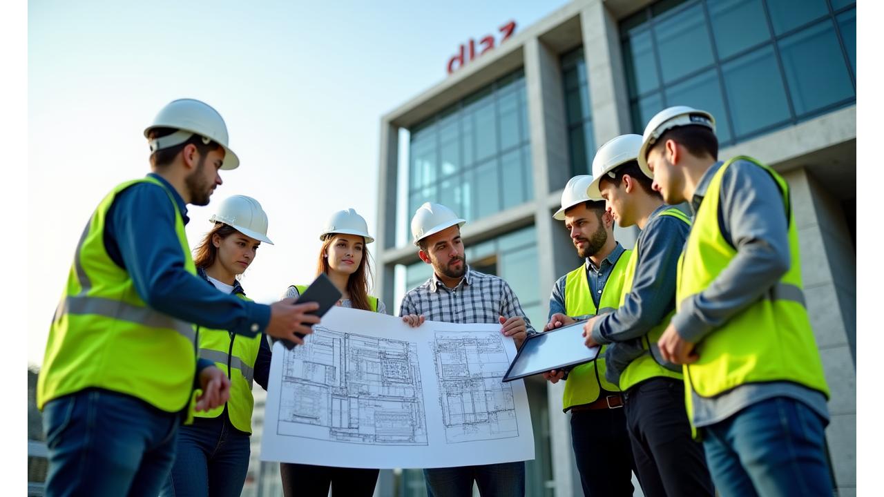 Modern construction site with DLAZ GmbH team members reviewing blueprints, showcasing professional collaboration and progress.