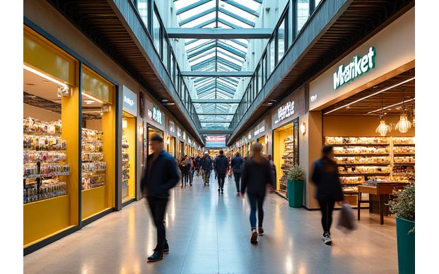 Vibrant interior of the 'Grand Avenue Market' retail complex with diverse storefronts.
