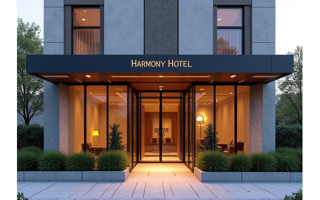 Elegant facade of The Harmony Hotel, a modern hospitality building.