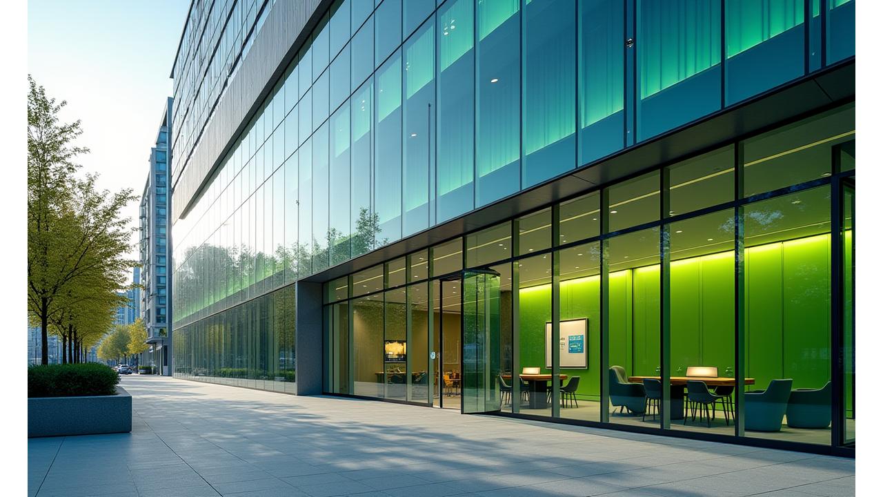 Modern commercial office building with sleek glass facade and vibrant lobby.