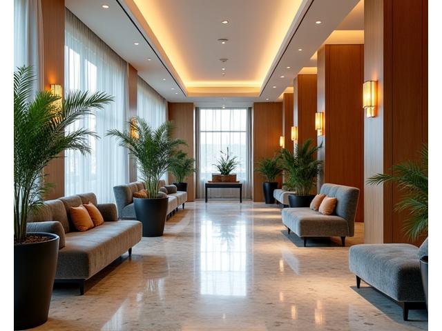 Luxurious hotel lobby with comfortable seating and ambient lighting.