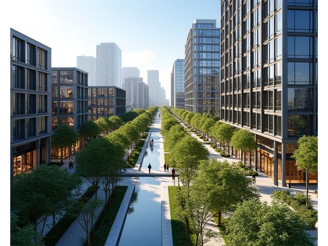 Aerial view of a vibrant mixed-use development with apartments, shops, and green spaces.