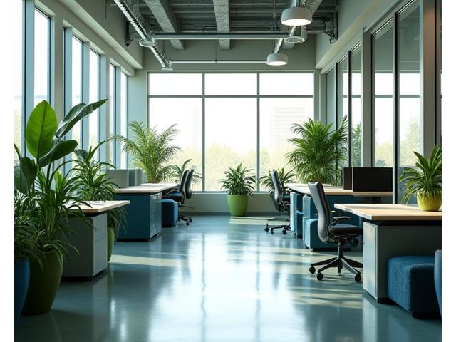 Sleek, modern office interior with large windows and collaborative workspaces.