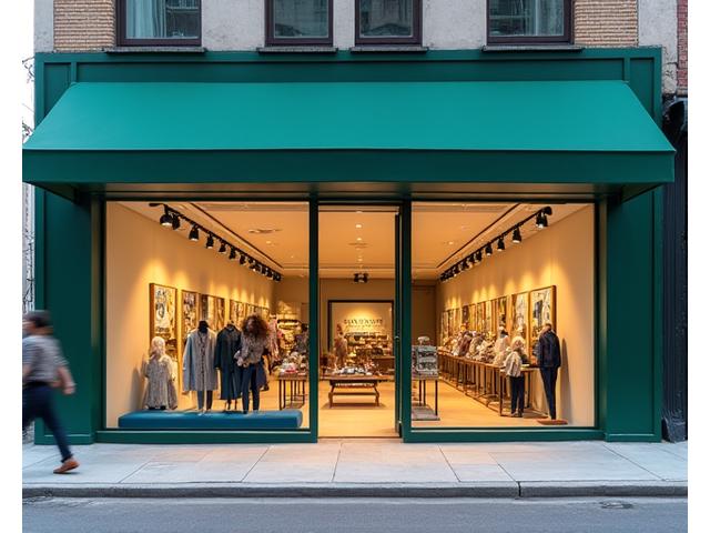 Modern retail facade with large display windows and inviting entrance.