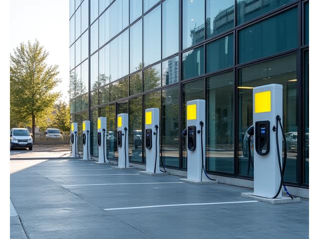 Commercial EV charging stations in a modern office building parking lot.