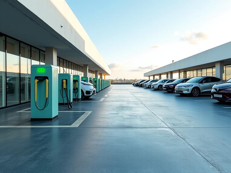 A large commercial parking lot with multiple prominent EV charging stations, cars actively charging.