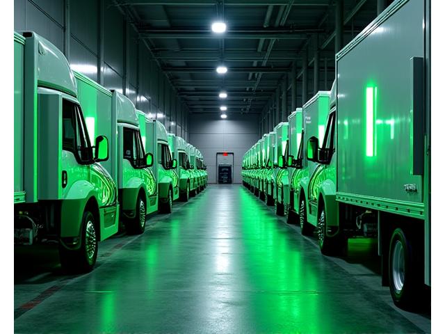 Multiple EV charging stations at a commercial fleet vehicle depot.