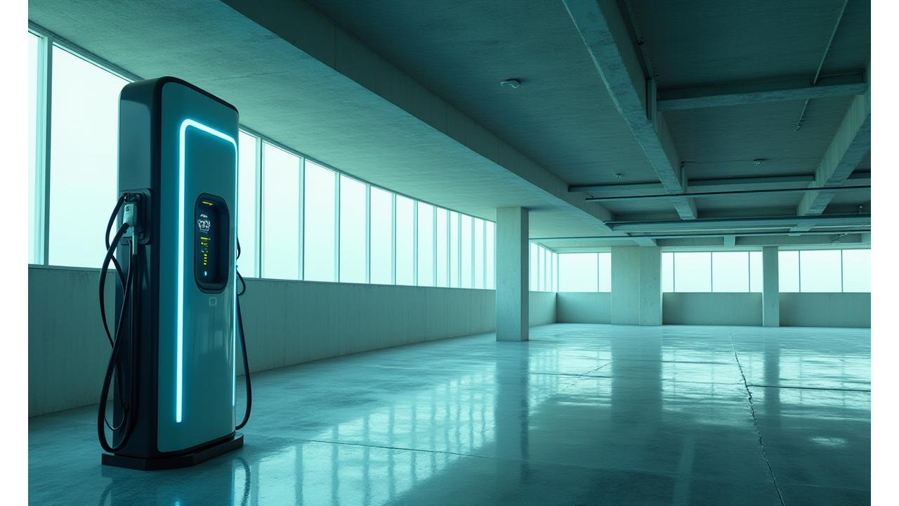Modern electric vehicle charging station in a well-lit, clean parking garage setting.