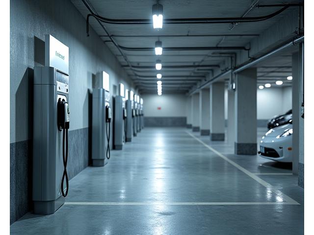 EV charging stations in the parking garage of a modern apartment complex.