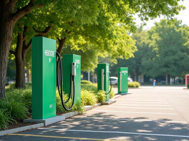 Community electric vehicle charging stations installed in a public park's parking area, blending with the environment.