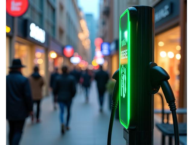 Public electric vehicle charging point in front of a busy retail shopping center.