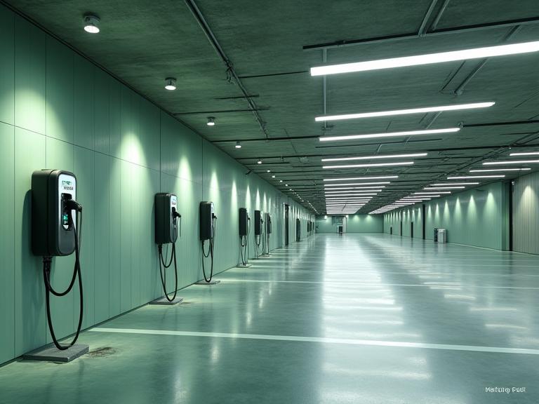 A modern residential apartment complex with neatly installed EV chargers in its underground parking.