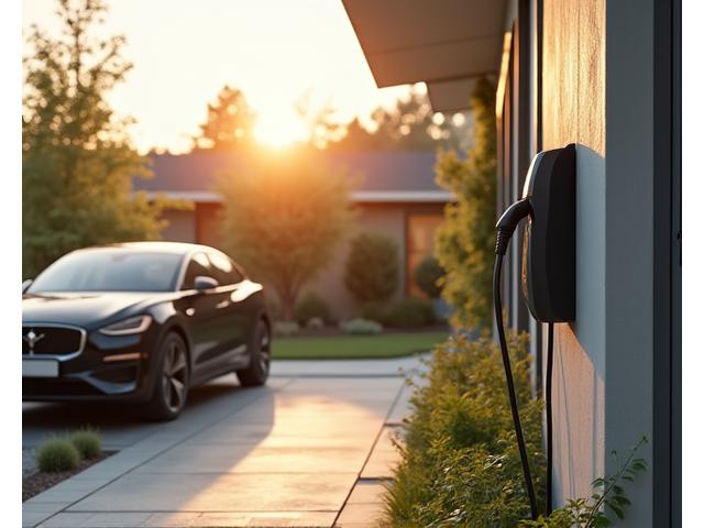 Residential electric car charging station installed on a house driveway.
