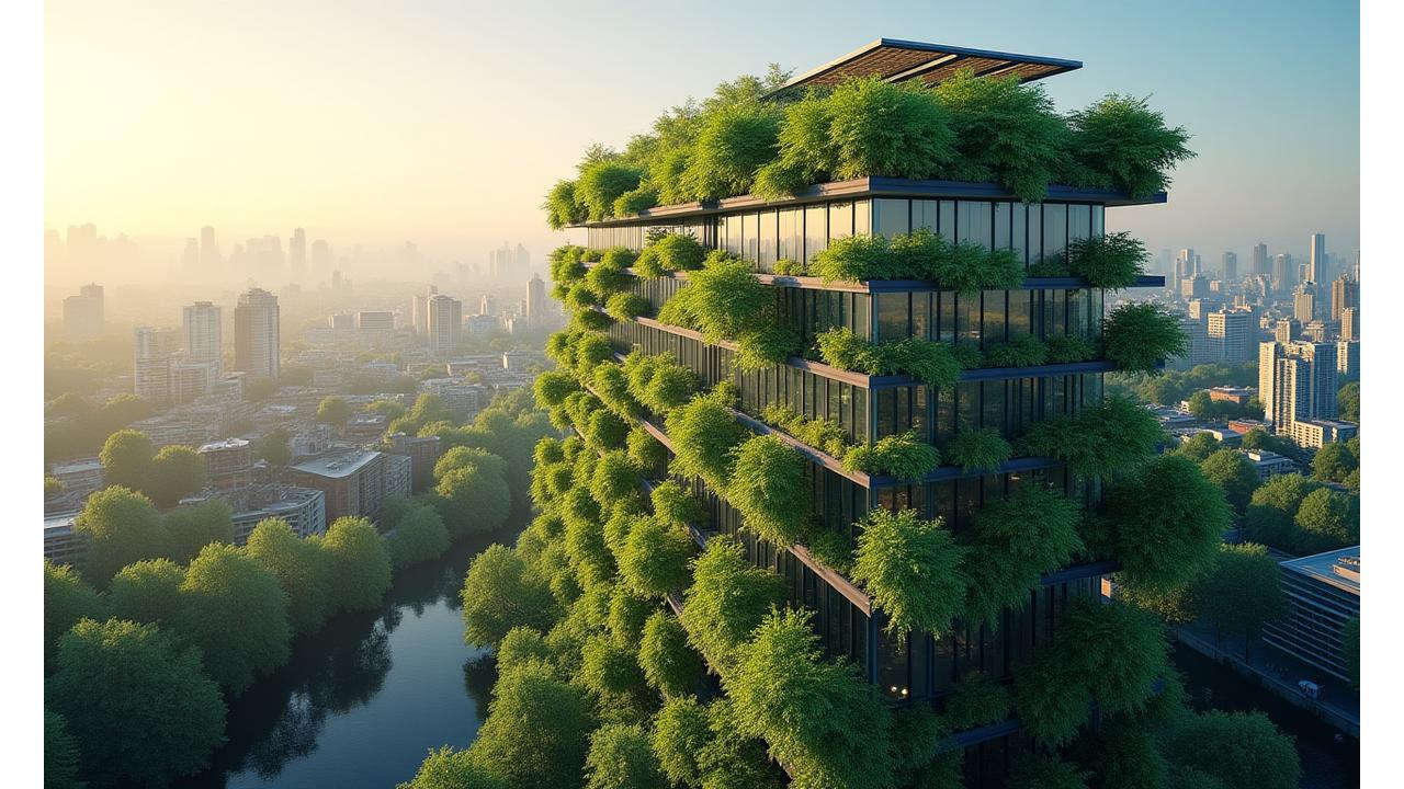 Modern eco-friendly building with lush green walls and solar panels under a clear sky, symbolizing sustainable construction and a better tomorrow.