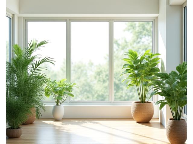 Clean, bright indoor space with natural light and air purifying plants