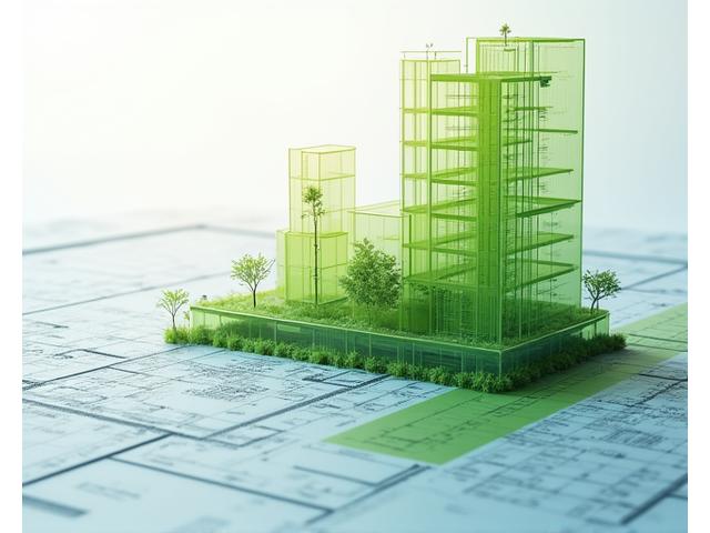 Blueprint with a small tree growing through it, representing LEED-certified green building design
