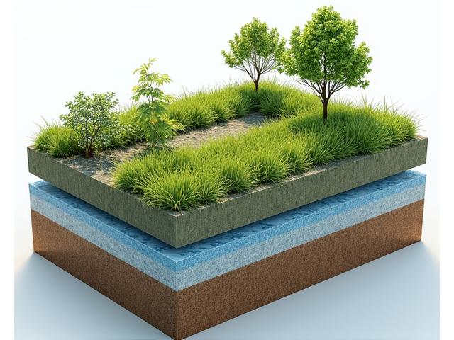 Cross-section diagram of a living green roof system with drainage and vegetation layers
