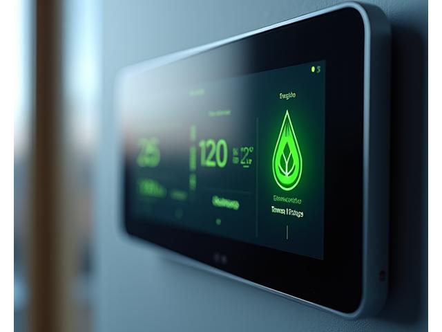 Smart home control panel displaying energy usage and climate settings