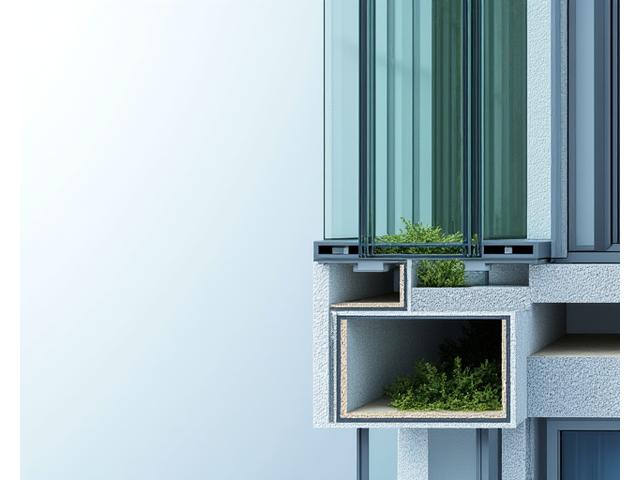 Close-up of a high-performance building facade with intelligent shading and insulation layers