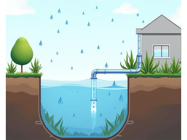 Rainwater harvesting system funneling water into a reservoir, representing water conservation