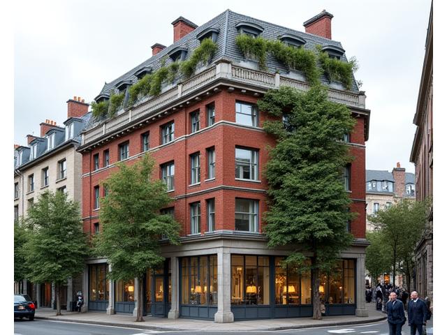 Renovated historical building blending old architecture with modern, subtly integrated green elements.