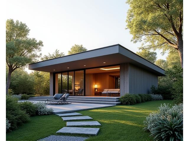 Contemporary single-family home with discreet solar panels and large windows, symbolizing net-zero energy achievement.