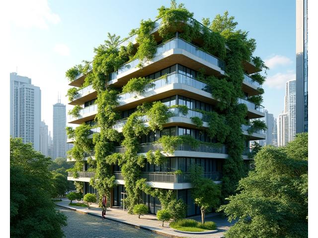 Modern urban building with extensive green facades and rooftop gardens, signifying an eco-hub.