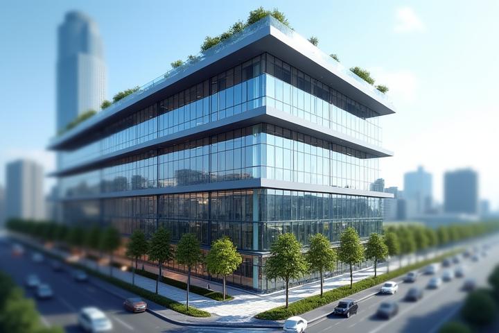 Sleek, modern commercial office building in a bustling urban environment, representing commercial construction.