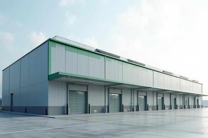 Large, modern industrial facility with solar panels and advanced ventilation systems, signifying industrial construction capabilities.