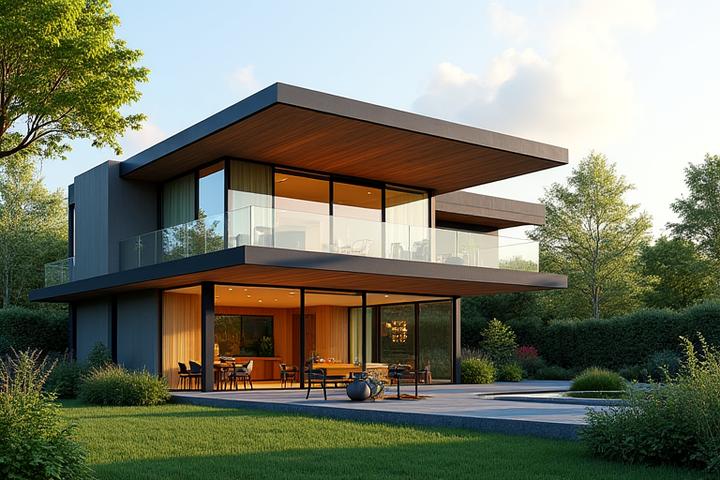 Modern family home with large windows and lush garden, showcasing residential construction expertise.