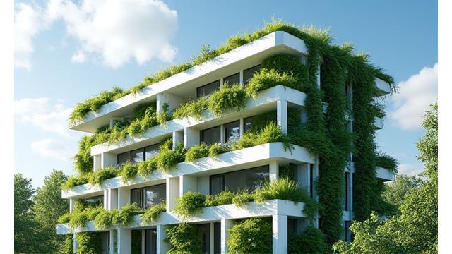 Image of a modern building with green roof and solar panels