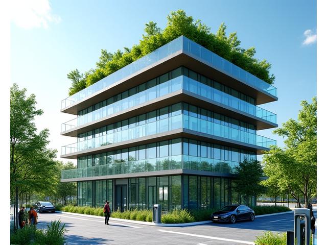 Sleek, multi-story commercial hub building with a green rooftop garden and integrated EV charging stations.