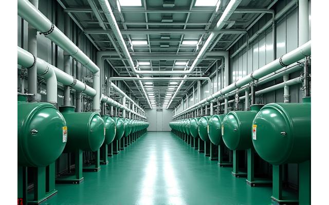 Modern industrial facility with complex piping systems, well-insulated pipes and equipment, conveying efficiency and safety.