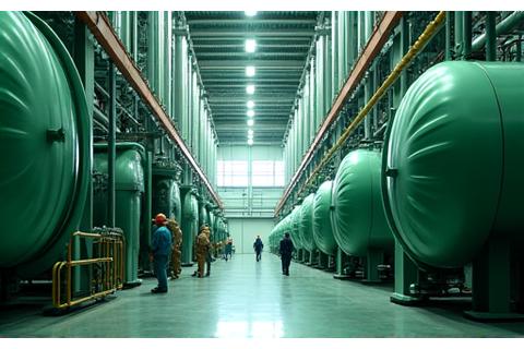 Large-scale thermal insulation installation on a power plant boiler system, showing workers in safety gear.