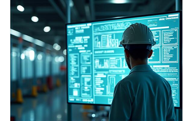 Safety engineer reviewing blueprints in a clean, modern quality control laboratory, flanked by industrial safety symbols and certifications on a digital display.