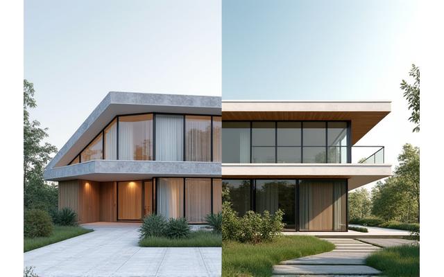 Architectural renderings of diverse modular building designs, from sleek modern to traditional.