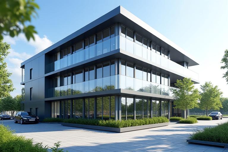 Modern modular commercial office building, serving as an innovation hub, with green spaces around.