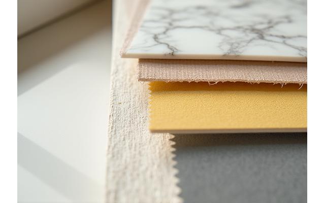 Material swatches of interior finishes including wood, tile, and fabrics, demonstrating customization.