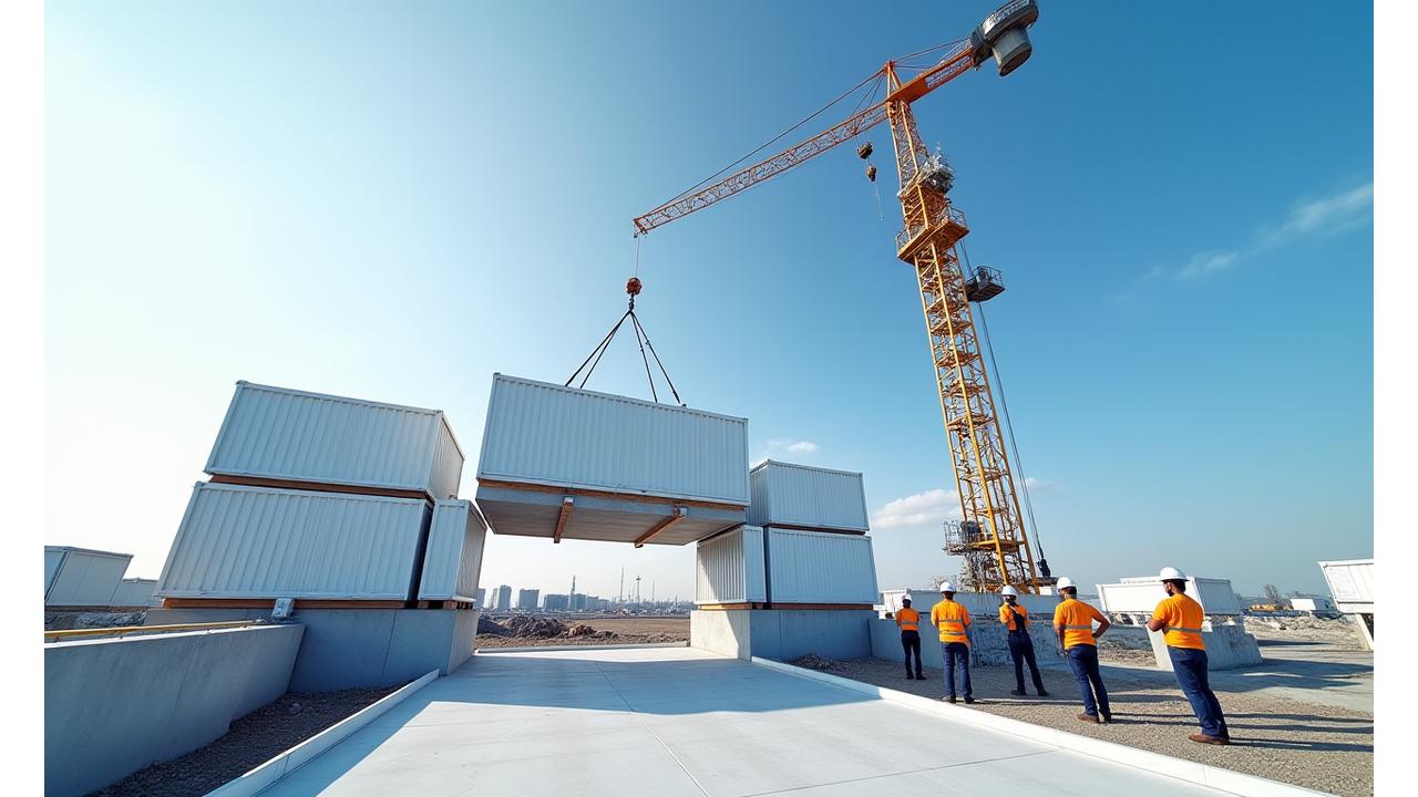 Modern prefabricated construction site with modules being installed, illustrating speed and efficiency.