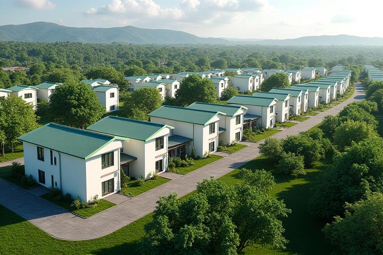 Aerial view of a contemporary modular residential community completed efficiently.