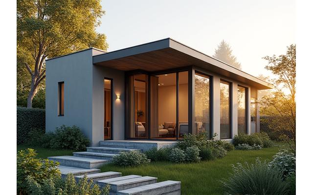Contemporary modular residential home exterior with garden, showcasing design flexibility.