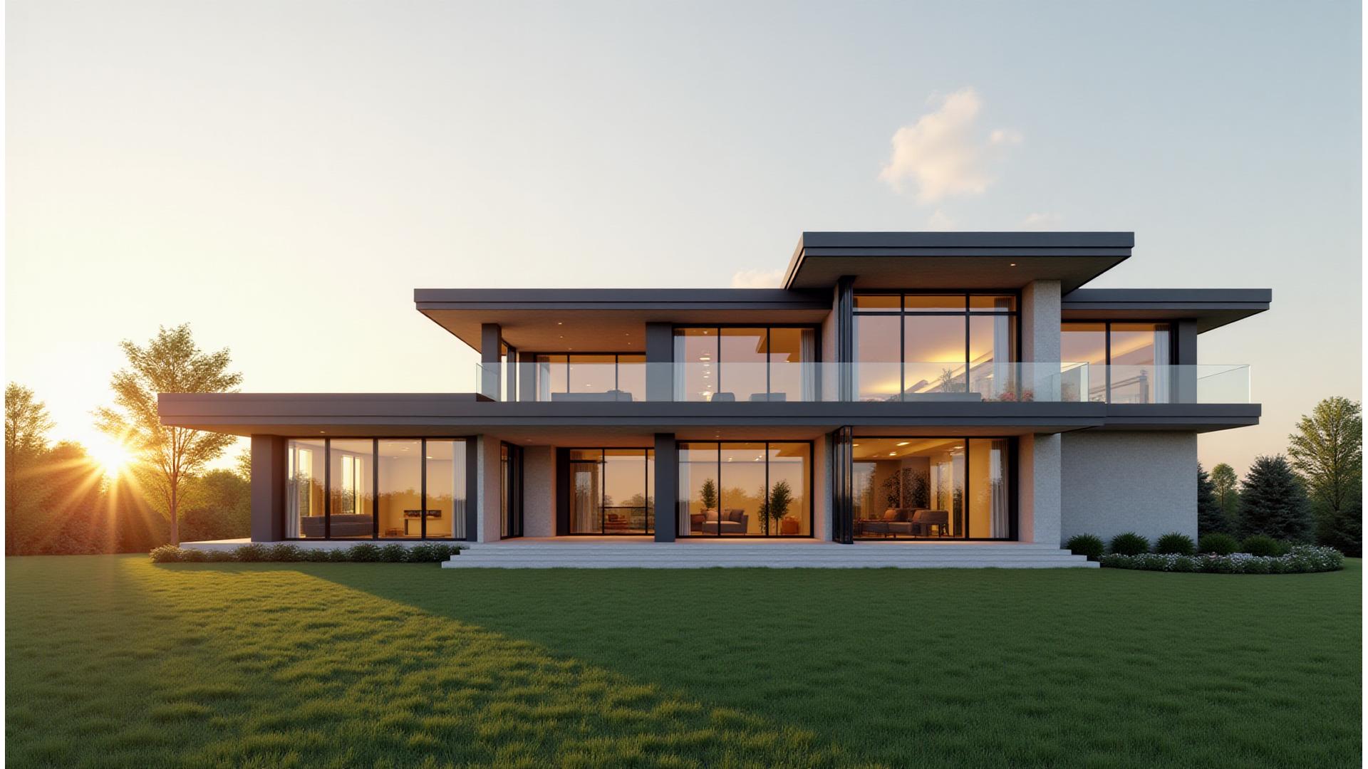 Stunning modern custom home exterior at sunset, showcasing DLAZ GmbH craftsmanship and personalized design.