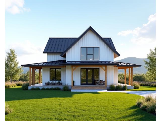 Exterior of a modern farmhouse style home with large windows and a welcoming porch, built by DLAZ GmbH.