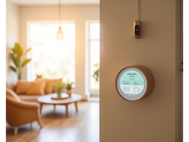 Interior of a family apartment with smart security cameras and a visible smart hub for energy monitoring