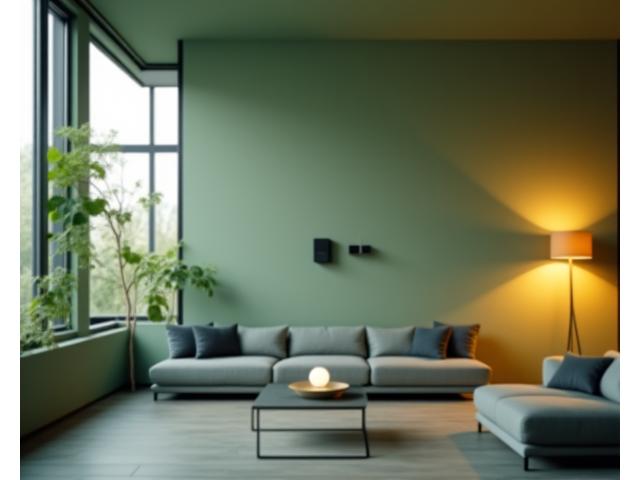 Modern living room with integrated smart home technology, showing a sleek control panel and automated lighting