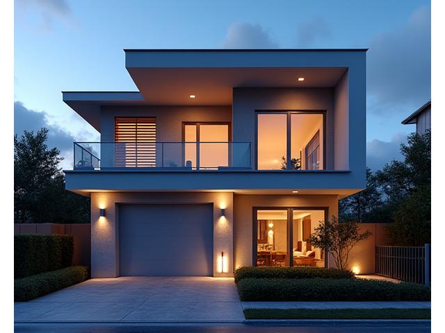Exterior of a luxury modern residence showcasing integrated smart lighting and automated blinds