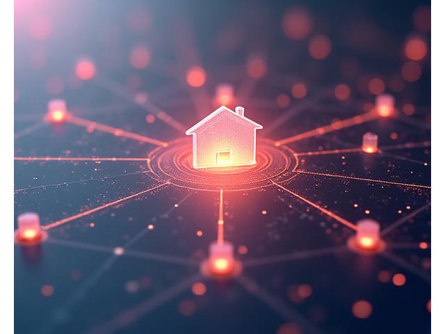 Abstract depiction of smart home technology connections, showing devices linked seamlessly via a central hub, illustrating secure and reliable network