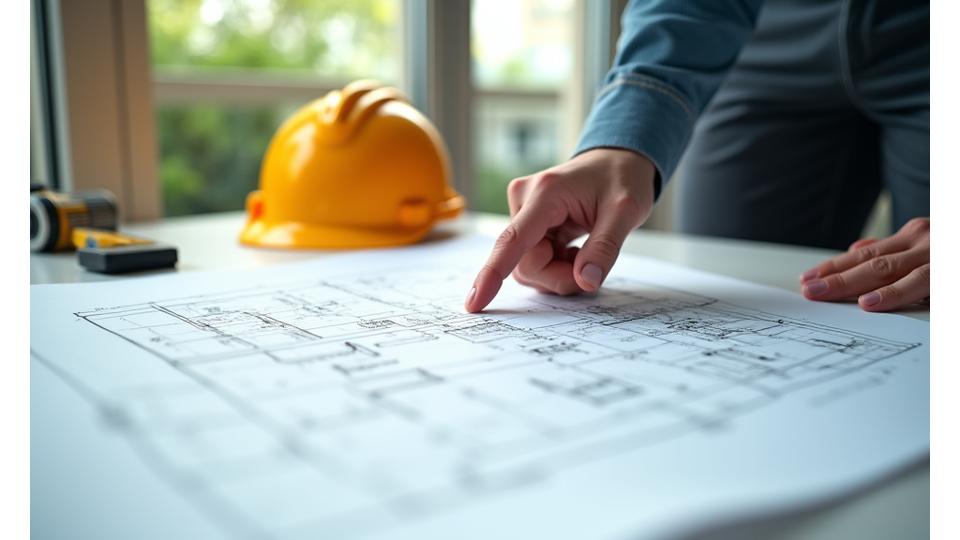Close-up of a construction blueprint being reviewed by a project manager, with a hard hat and level in the background, conveying precision and planning.