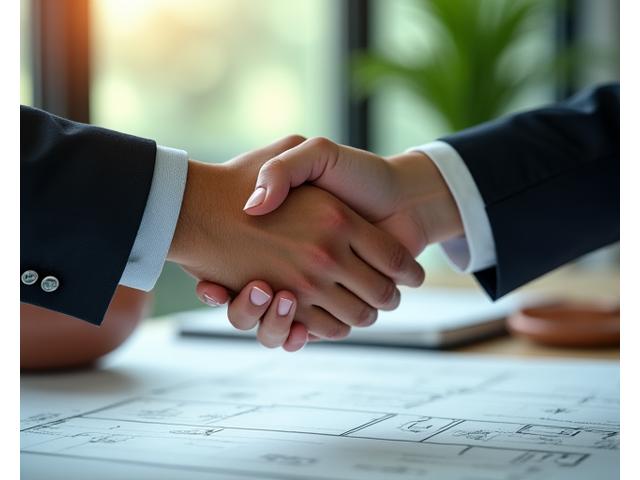 Two hands shaking over a construction blueprint with a subtle handshake graphic overlaid, symbolizing agreement and partnership.