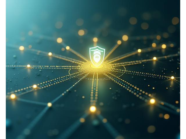 Abstract representation of data flow and security, with lines connecting nodes and a digital shield icon, conveying secure online interaction.